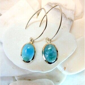 VTG Natural Larimar Sterling Silver Long Earrings Minimalist Dolphin Stone